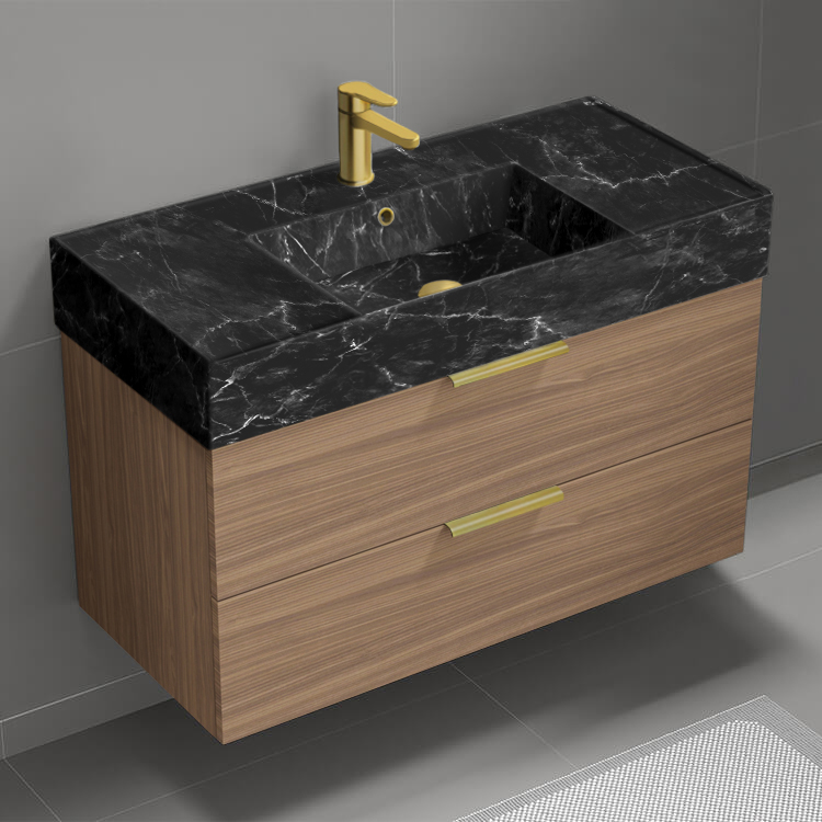 Nameeks DERIN919 Walnut Bathroom Vanity With Black Marble Design Sink, 40 Inch, Wall Mounted, Modern